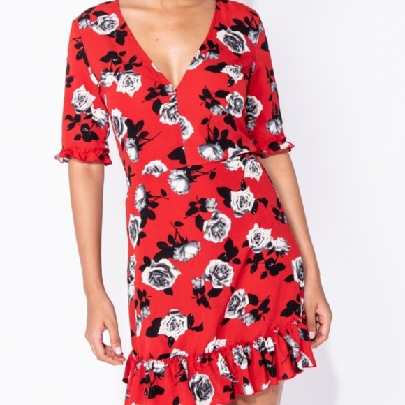 Rose Floral Frill Plunge Neck Flared Mini Dress - Picture 4 of 5